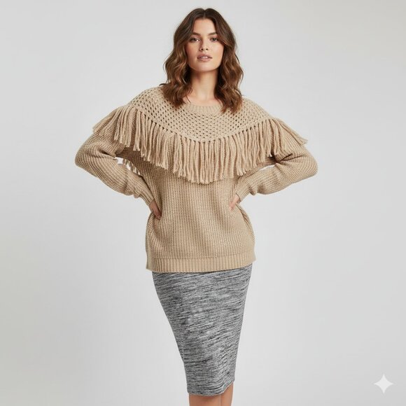 Forever 21 Women’s Chunky Knit Sweater Pullover beige Fringe detail Size Medium - Picture 4 of 16